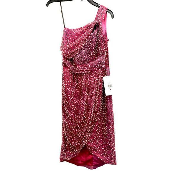Theia Sz 4 Pearl Embellished One-Shoulder Fuchsia Beaded Dress NWT - Picture 3 of 9